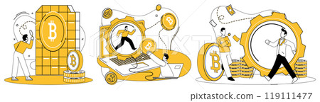 Cryptocurrency concept. Various scenarios involving cryptocurrency, blockchain technology, and trading. Ideal for financial education, tech innovation, digital currency, investment strategies 119111477