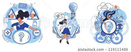 Cognition. Three women engaged in activities related to scientific discovery and problem-solving using various symbols like math equations, light bulbs, gears, and clouds. Ideal for illustrating 119111480