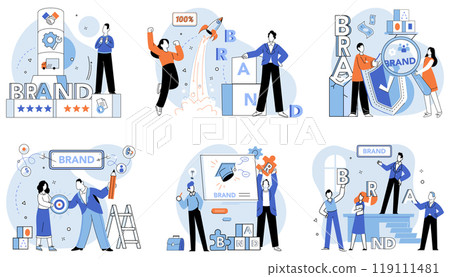 Brand building vector illustration. Brand identity, mosaic, creates visual and emotional tapestry in process brand building Brand, conductor, orchestrates symphony elements during brand-building 119111481