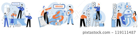 Brand building vector illustration. Logotype, insignia, becomes recognizable emblem in evolving structure brand Trademark, fortress, defends uniqueness and integrity brand under construction 119111487
