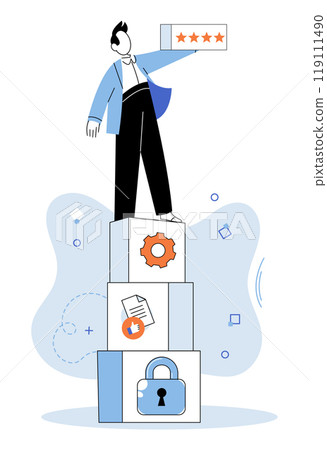 Resilience. A person stands atop three stacked blocks, each with different icons including a gear, a document, and a lock. He hold a banner with five stars 119111490
