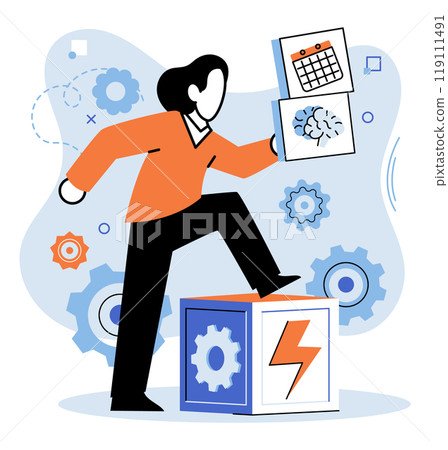 Resilience. A person steps on a gear-covered block while holding icons of scheduling and brainstorming. Ideal for themes of overcoming challenges, productivity, innovation, planning, and progress 119111491