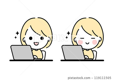A cute and simple illustration of a woman smiling and operating a laptop 119111505