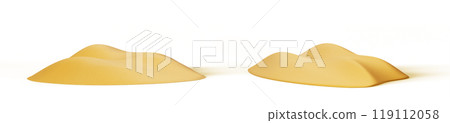 Sand 3d render icon set. Beach, desert or dune texture with golden sandy waves. Sea tropical island, empty land in ocean, coastline, sand pile for playground, isolated design elements. 3D illustration Sand 3d render icon set. Beach, desert or dune texture with golden sandy waves. Sea tropical island, empty land in ocean, coastline, sand pile for playground, isolated design elements. 3D illustration 119112058