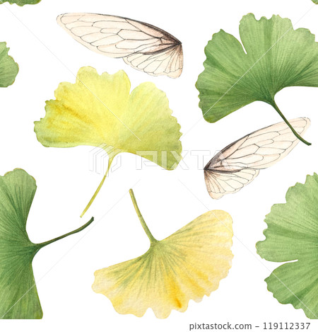 Ginkgo vibrant green yellow falling leaves, transparent insect wings seamless pattern. Hand-painted detailed textured watercolor perfect for textile, wrapping paper, packages decor, botanical designs 119112337