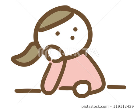 一位穿著休閒服的年輕女子（上半身）托著下巴，神思恍惚。 119112429