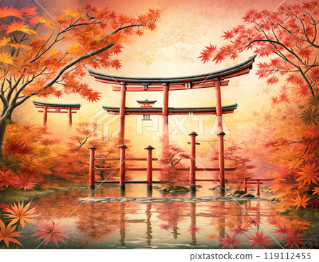 A typical Japanese torii gate and the best autumn foliage scenery 119112455