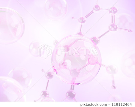3d collagen cells with dna molecular structure on light pink background render. Innovation cosmetic solution for skin care, liquid beauty oil drops, serum or vitamin essence bubbles. 3D illustration 119112464