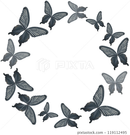 Black butterfly hand painted watercolor round frame isolated on white. High quality illustration perfect for scrapbooking, posters, cards, pillows, stickers, stationary design. Black and white color Black butterfly hand painted watercolor round frame isolated on white. High quality illustration perfect for scrapbooking, posters, cards, pillows, stickers, stationary design. Black and white color 119112495