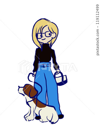 A woman walking a dog A woman walking a dog 119112499