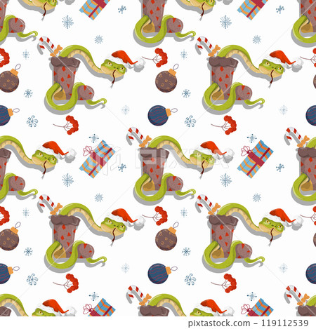 Seamless illustration on the theme of New year and Christmas A snake comes out of a sock with gifts 119112539