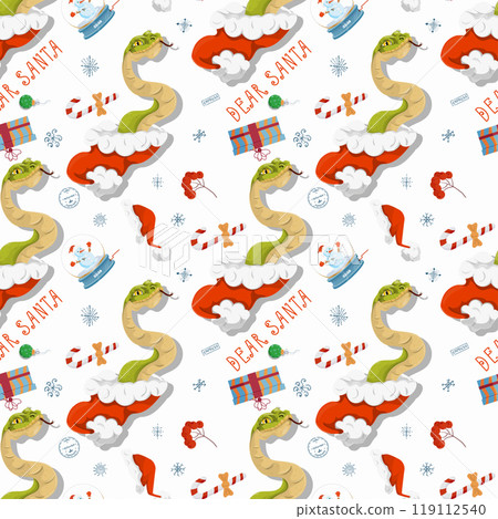 Seamless illustration on the theme of New Year and Christmas A snake comes out of Santas hat 119112540