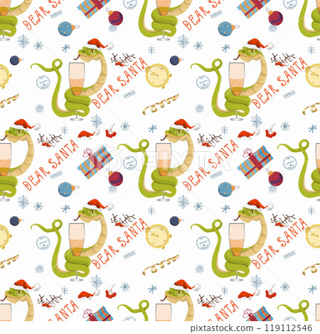 Seamless illustration on the theme of New year and Christmas A snake wraps around a glass with a drink Seamless illustration on the theme of New year and Christmas A snake wraps around a glass with a drink 119112546