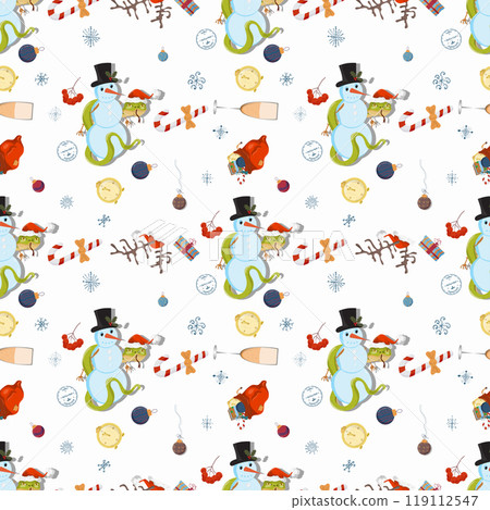 Seamless illustration on the theme of New Year and Christmas A snake wraps around a snowman Seamless illustration on the theme of New Year and Christmas A snake wraps around a snowman 119112547