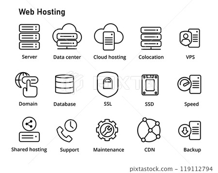 Web hosting service icon set outline black line simple server VPS shared server colocation CDN cloud virtual private server 119112794