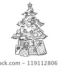 Handwritten Christmas tree full of presents, monochrome 119112806