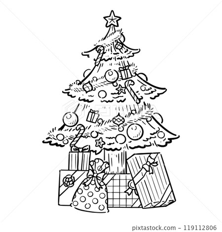 Handwritten Christmas tree full of presents, monochrome Handwritten Christmas tree full of presents, monochrome 119112806