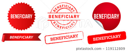 Beneficiary business finance selling money receiver stamp red badge sticker peeler circular grunge textured icon set collection 119112809