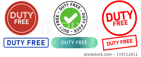 Duty free import export product retail commercial stamps colorful badge emblem sticker concept tax sign design set icon collection Duty free import export product retail commercial stamps colorful badge emblem sticker concept tax sign design set icon collection 119112811