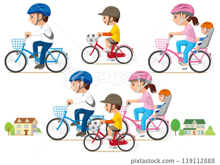 Family wearing bicycle helmets 01 119112888