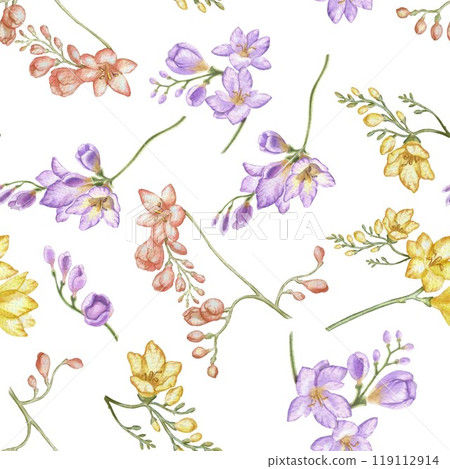 Flowering branches of freesia. Color pattern for printing fabric, bed linen, tablecloths, towels, curtains, wallpaper and gift paper. Watercolor illustration in vintage style for printing on tableware 119112914