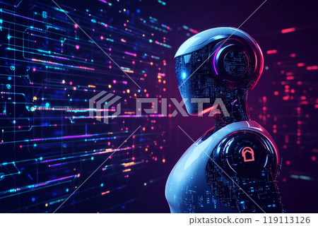 A sleek, futuristic robot stands in front of a digital display showcasing data analytics and SEO strategies. The robot is analyzing trends and technology, symbolizing the integration of AI 119113126
