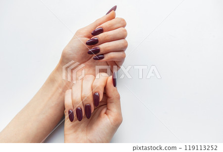 Elegant hands with deep purple nails showcasing manicure techniques against a clean white background Elegant hands with deep purple nails showcasing manicure techniques against a clean white background 119113252