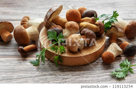 Assorted fresh mushrooms and herbs arranged on a wooden board in a rustic kitchen setting 119113254