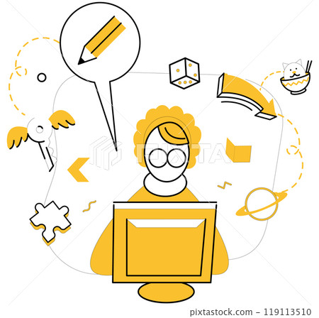 Project management. Main scene with person at computer surrounded by symbols of task management, communication, planning and creativity. Ideal for team collaboration, task organization, goal setting Project management. Main scene with person at computer surrounded by symbols of task management, communication, planning and creativity. Ideal for team collaboration, task organization, goal setting 119113510