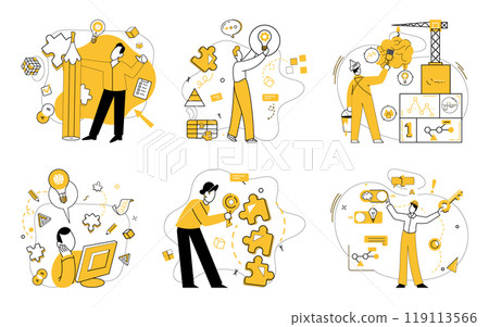 Project management. People assembling puzzles, building structures, generating ideas, and using technology. Ideal for teamwork, innovation, strategy planning, problem-solving, and project Project management. People assembling puzzles, building structures, generating ideas, and using technology. Ideal for teamwork, innovation, strategy planning, problem-solving, and project 119113566