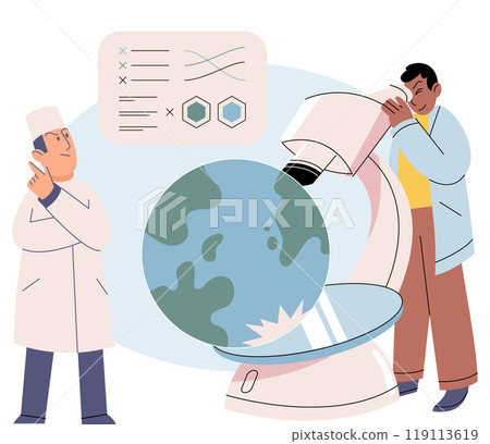 Science. Vector illustration. Scientists examine various factors to gain insights into complex phenomena The examination scientific data requires attention to detail and accuracy Analysis research Science. Vector illustration. Scientists examine various factors to gain insights into complex phenomena The examination scientific data requires attention to detail and accuracy Analysis research 119113619