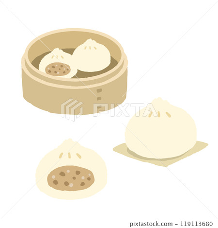 A set of steamed meat buns in a bamboo steamer 119113680