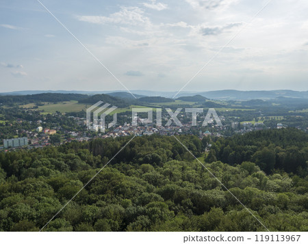 Panoramic view from sandstone rock lookout Jehla near Ceska Kamenice town. Summer landscape in Lusatian Mountains with green hills and mixed forest. Panoramic view from sandstone rock lookout Jehla near Ceska Kamenice town. Summer landscape in Lusatian Mountains with green hills and mixed forest. 119113967