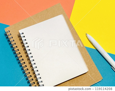 Two ring notebooks and a pen (colorful pastel background) Two ring notebooks and a pen (colorful pastel background) 119114208