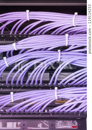 large group of UTP cables, Ethernet cables in rack cabinet, lead large group of UTP cables, Ethernet cables in rack cabinet, lead 119114253
