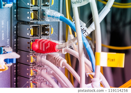 switch board with connected network cables switch board with connected network cables 119114256