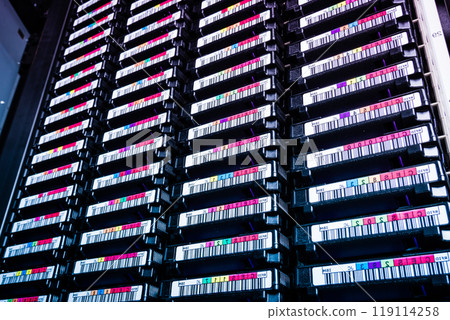 bottom view of hard disk cluster inside a rack - data storage co 119114258