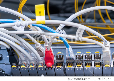 switch board with connected network cables 119114262