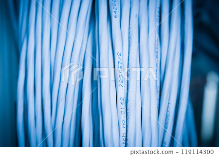 bunch of network cables in wave pattern leading across server ro bunch of network cables in wave pattern leading across server ro 119114300