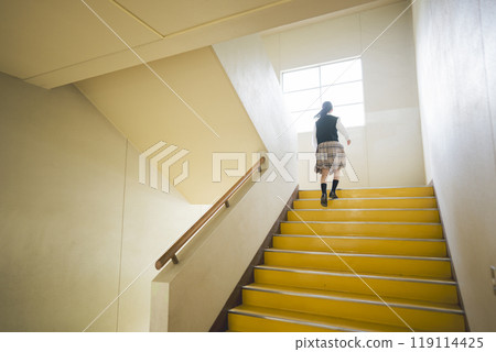 Female student climbing the stairs at school Female student climbing the stairs at school 119114425