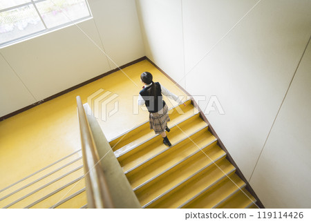 A girl climbing the stairs of a school building A girl climbing the stairs of a school building 119114426