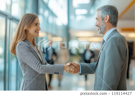 A professional business handshake between a man and woman in a modern office setting, signifying partnership. A professional business handshake between a man and woman in a modern office setting, signifying partnership. 119114427
