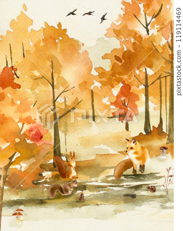 手繪水彩風格秋季森林與動物 手繪水彩風格秋季森林與動物 119114469