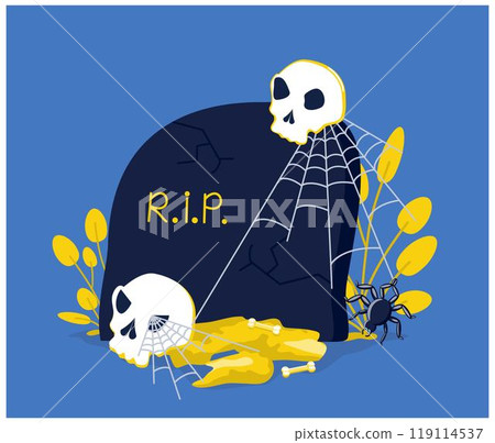 a postcard, a banner with skulls and a tombstone for Halloween a postcard, a banner with skulls and a tombstone for Halloween 119114537