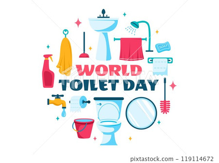 World Toilet Day Vector Illustration on November 19, featuring Earth and Bathroom Hygiene Equipment for Awareness in a Flat Style Cartoon Background 119114672