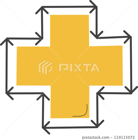 Simple learning to draw a yellow cross. 119115072