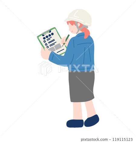 A flat illustration of a woman [back view] wearing work clothes and a skirt and wearing a helmet standing and checking 119115123