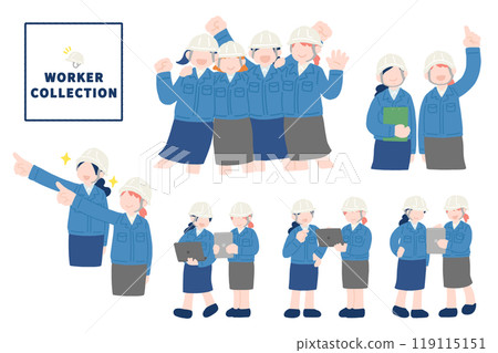 Flat illustrations of multiple women in helmets, work clothes and skirts (set) 119115151