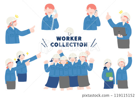Flat illustration (set) of a woman [upper body] wearing a helmet, work clothes and a skirt 119115152