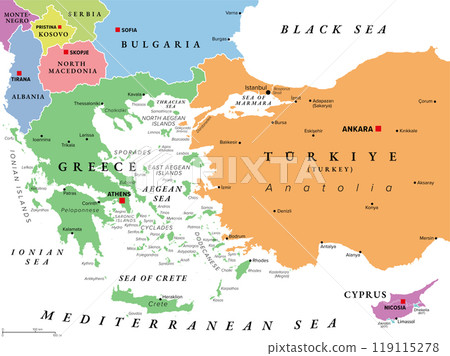 Aegean Sea region, with Aegean Islands, multi colored political map. Elongated embayment of the Mediterranean Sea, located between Europe and Asia, between the Balkans and Anatolia, Greece and Turkey. 119115278